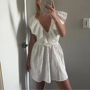 WeWoreWhat deep V neck ruffled eyelet mini dress cotton smocked waist white SZ M